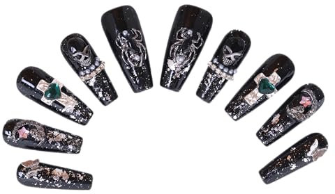 PN-007 Press-On Nails Painted 10 Pieces Reusable False Nails Y2K Gothic Punk Glamour Cross Spider Rhinestones Black
