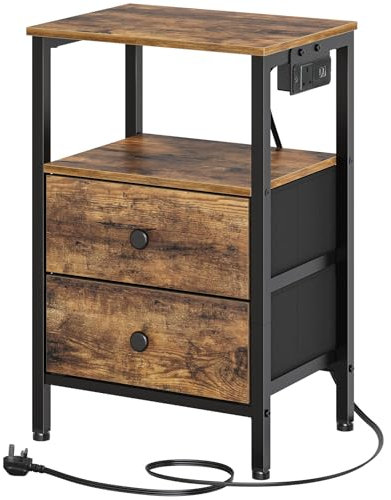 YATINEY Bedside Table with Charging Station, End Table with 2 Drawers and 2 Shelves, Nightstand with Outlet and USB Ports, Industrial Side Table for Living Room, Bedroom, Study, Rustic Brown XET02KBR