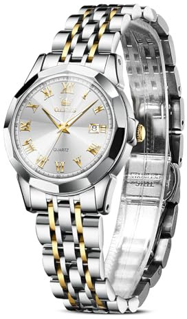 OLEVS Watches for Women Gold Silber Edelstahl Stilvolle Analoger Quarz Uhr Weiß Kleines Zifferblatt Freizeit Leuchtend Damen Uhr Wasserdicht Römische Ziffern mit Datum Armbanduhr Damen