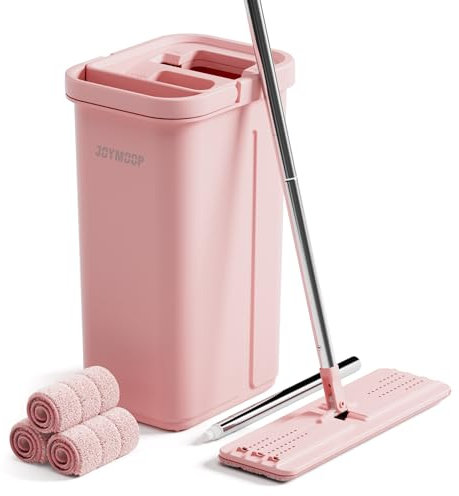 JOYMOOP Mop and Bucket with Wringer Set, Hands Free Flat Floor Mop and Bucket, 60 Mop with 3 Reusable Microfiber Pads, Wet and Dry Use, Floor Cleaning System - Pink