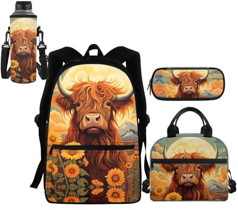 Highland Cow - Mochila para niñas con lonchera y estuche para lápices, bolsa escolar con funda para botella de agua, para estudiantes de primaria y preescolar