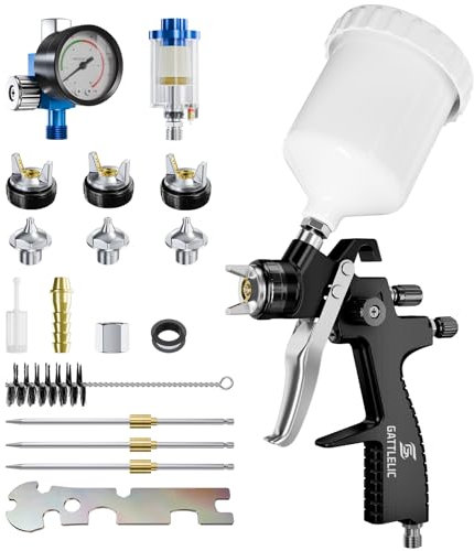GATTLELIC LVLP Pistolet pulvérisateur à air comprimé de qualité supérieure avec buse de 1,3/1,5/1,7 mm et régulateur d'air, pistolet à peinture automobile, pistolet à peinture pour voiture et maison