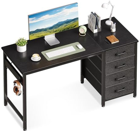 ODK Schreibtisch mit 4 Schubladen, 120×48×75.7cm Computertisch mit Kopfhörer Halter, PC Tisch Reversibler Bürotisch Holz für Heimbüro, Schwarz