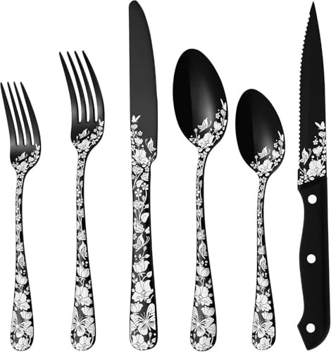 Juego de cubiertos negros de 48 piezas con cuchillos de carne para 8 personas, juego de cubiertos de acero inoxidable, juego de cubiertos pulidos con espejo, incluye cuchillos, tenedores, cucharas,