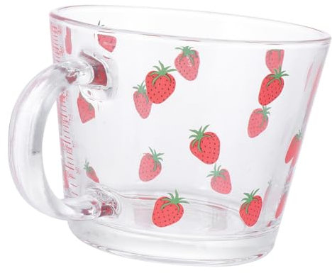COLLBATH Strawberry Pattern Glass Water Cup with Scale 350ml Tempered Glass Milk Drinking Cup for Breakfast and Cold Beverages, Girly Ewer Suitable for Daily Use and Travel