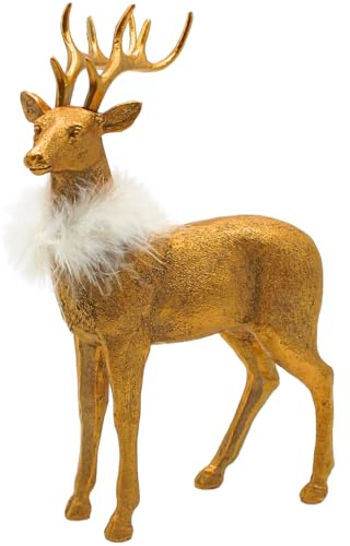 Dekohelden24 Hirschdeko, Hirschskulptur, Hirschfigur, Hirsch aus Keramik mit weißer Federboa in Gold, Größe L/B/H ca. 19 x 9 x 30 cm.