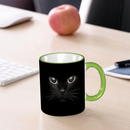 YOIUE Tasse aus Keramik - Große 11oz Tassen 330ml Kaffeetassen mit Henkel, 100% Handbemalt - Trinkgläser mit Griff - Weiß,schwarze Katze mit dem schwarzen Blick