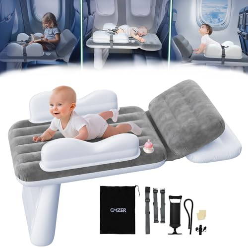 omzer Aufblasbares Flugzeugbett für Kleinkinder: Kinder-Flugzeugbett mit Getränkehalter und Sicherheitsgurt, tragbares Baby-Reisebett mit Reisetasche und Handpumpe