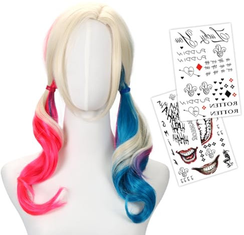 Quinn Cosplay Perücke, Rosa Blaue Perücke Quinn Kostüm Zubehör, Doppelter Schwanz Damen Perücke mit Tattoos, Filmheldin Cosplay Perücke für Damen Mädchen Karneval Halloween Cosplay Party