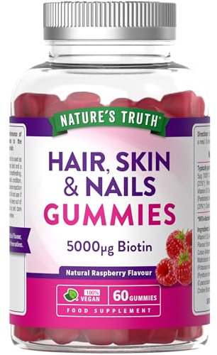 Hair, Skin, Nails Gummies | 5000µg Biotin, Vitamin C, E, Zinc, Iodine & More | Beauty Vitamins | for Men & Women | 60 Raspberry Gummies | Vegan | Nature's Truth
