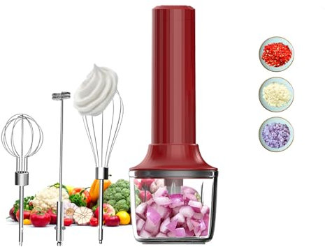 4-in-1 Electric Whisk, Hand Mixer, Mini Onion Chopper 300ML, Small Cordless Hand Blender, Rechargeable Portable Milk Frother Handheld for Coffee, Lattes, Cappuccinos, Matcha, 4 Speed Hand Mixer