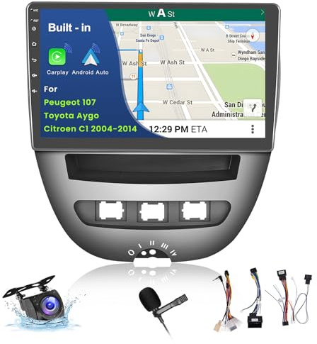 Inefala Android Autoradio für Peugeot 107/Toyota Aygo/Citroen C1 2004-2014 | Android 15,2+64G,10 Zoll TouchScreen mit CarPlay Android Auto,Navi,GPS,WiFi,Typ C,FM/RDS,Bluetooth,EQ,SWC,Rückfahrkamera,MIC