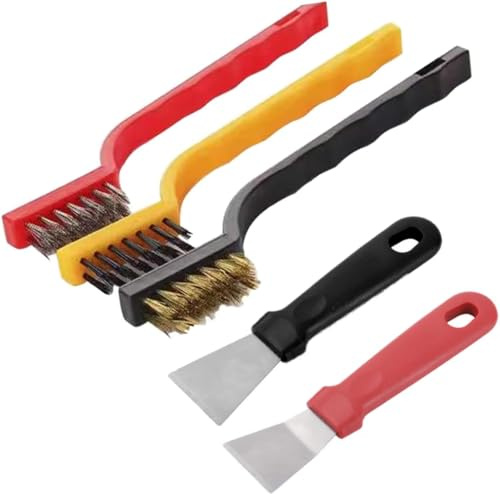 Juego de 5 cepillos de limpieza para estufa de cocina + juego de herramientas raspadoras, raspador resistente para quemadores de gas, olla, sartén, latón, cepillos de cabeza de cepillo de acero