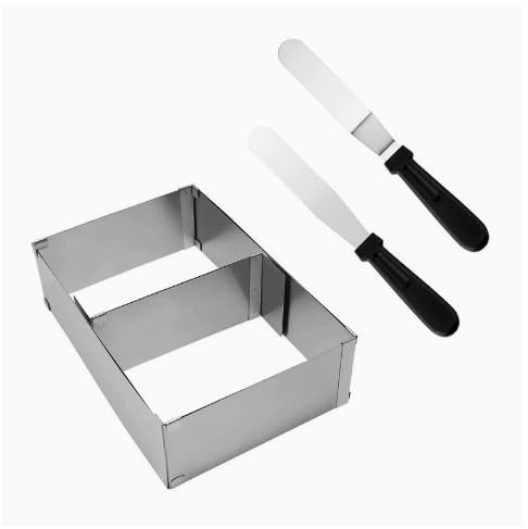 Molde Pastel Mousse Ajustable, Molde Pastel Acero Inoxidable, Molde Extensible Para Hornear con Divisoria y 2 Espátula, Rectangular Anillo Pastel Cuadrado Hornear para Tartas Pizzas Hornear Y Decorar