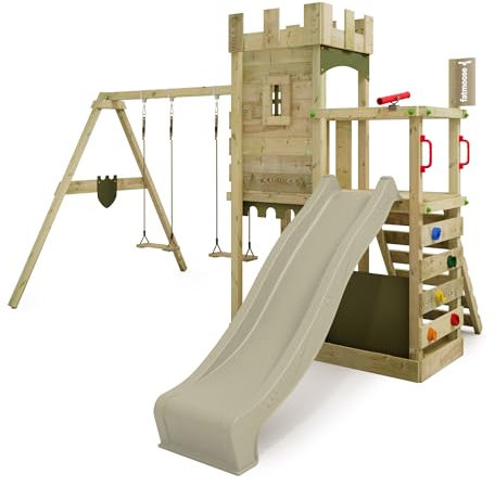 FATMOOSE Spielturm Ritterburg BoldBaron Boost XXL mit Schaukel & salbeigrüner Rutsche, Outdoor Kinder Kletterturm mit Sandkasten Leiter & Spiel-Zubehör für den Garten