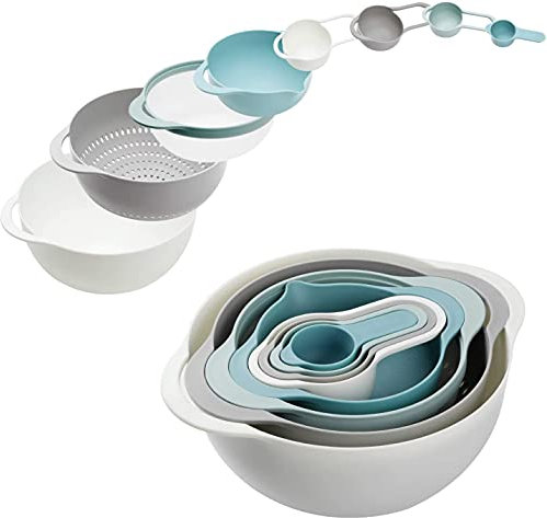 Plastic Mixing Bowls- Multicolored Mixing Bowl Set of 8, Nest for Easy Storage, inculding Measuring Cups, Colander, Sifter, Large Bowl, Great for Cooking and Baking, BPA