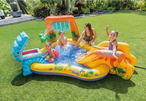 Garden Kids Swimming Pool with Slide - Inflatable Dinosaur Swimm Pool with Toys - Outdoor Toddler Paddling Pool with Slide
