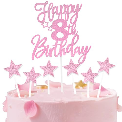 Pink Happy 8th Birthday Cake Toppers for Cake,Personalised Cake Toppers for Girl Women Decorations,Glitter Cupcake Topper Cake Topper Kit 8th Birthday Party Cake Decoration Supplies