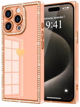 Urarssa for iPhone 15 Pro Max Case Rectangle, with Glitter Diamonds, Pink