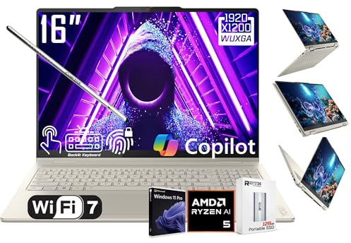 Lenovo Yoga 7 2-en-1 AI PC Copilot ordinateur portable, écran tactile LCD 16 pouces, AMD Ryzen AI 5 340, AMD Radeon 840M, 16 Go LPDDR5X, 512 Go SSD, WiFi 7, KB rétroéclairé, empreintes digitales