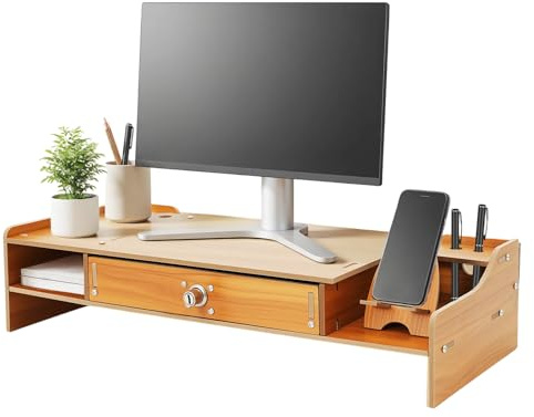 Babeenoo Monitor Ständer Holz mit 3 Schubladen 2 Schlüssel und Handy-Halterung Holz Schreibtischaufsatz Monitorerhöhung Organizer für Arbeitszimmer, Büro und Schreibtisch zur Aufbewahrung