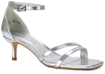 ESSEX GLAM Women's Kitten Low Heel Sandals Ladies Strappy Ankle Strap Square Toe Barely There Two Part Shoes Size 3-8