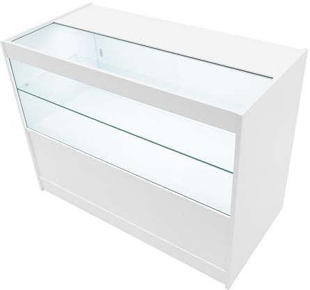 White Shop Counter LED Light C 1200mm Lockable Sliding Doors 2 Keys Retail Storage Unit Display Showcase Cabinet Reception Desk Clothing Jewellery Store 3 Shelves 2 Glass 1 Enclosed Lighting