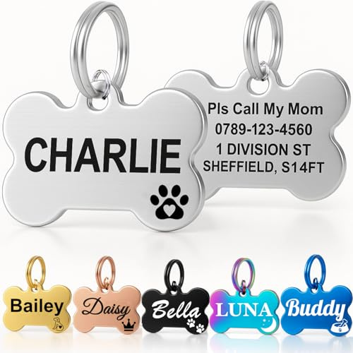 Personalised Dog Tags for Pets UK Prime, Deep Engraved Cat Dog Name ID Tags, Stainless Steel Pet Tag for Doggy Kitten Kitty Puppy, Scratch Resistant Tag (Silver Bone, L)