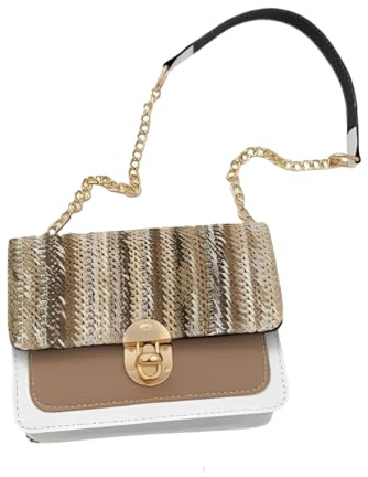 Genérico Bolso Bandolera Mujer - Bolsos Pequeños - Cartera de Mujer - Bandoleras Beige - Diseño Tricolor (Beige, Blanco y Marrón), Cadena Dorada - Cierre con Broche
