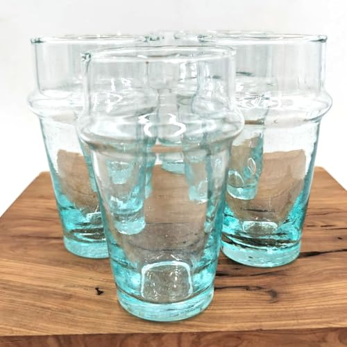 Genérico Beldi Vaso Marroquí, Cristal Reciclado Soplado a Mano, 12 cm Alto x 6 cm Diámetro, Transparente Clásico, Artesanal, Tradicional Marroquí, Para Té y Bebidas, Uso Diario