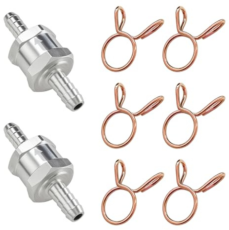 2 Stück Aluminium Kraftstoff Rückschlagventil 8mm für Vergaser und Niederdrucksysteme, Einweg-Ventile für Benzin und Diesel mit 6 Stück 10mm Federklemmen zur sicheren Kraftstoffflusskontrolle