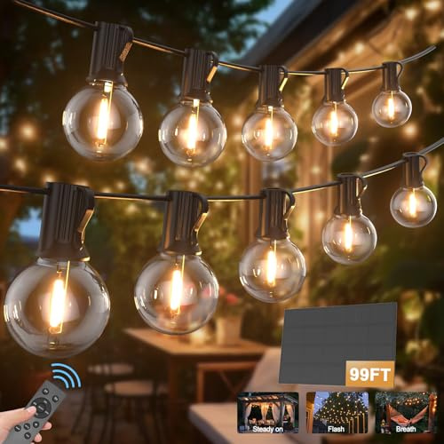Solar Fernbedienung Lichterkette LED Aussen,30M/100FT G40 LED Outdoor Solarlichterkette 3 Modi mit 50+3 Wetterfest G40 Glühbirne IP45 Wasserdich Aussen Lichterketten für Balkon Garten Pavillon