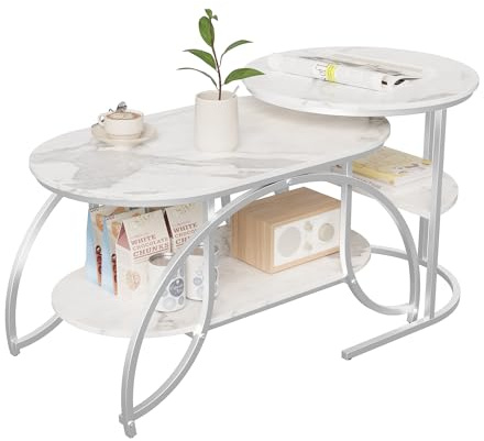 INONEFT Couchtisch Rund 2er Set mit 4 Regal, Moderne Wohnzimmertisch mit Silber Runder Metallgestell & weiß Marmoreffekt, Couchtische aus Holz, Living Room Coffee Table, Kaffeetisch für Wohnzimmer