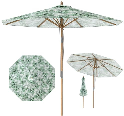 RELAX4LIFE Parasol Inclinable 270CM en Bois, Motif de Plantes Tropicales | Parasol de Jardin Extérieur à 8 Baleines, Inclinaison 30°, Levage à Corde, 3 Positions, pour Balcon Terrasse Patio, Vert