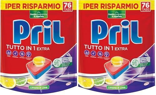 Pril Tutto in 1 Extra Tabs Limone & Lime Detersivo, Pastiglie per lavastoviglie attive già a basse temperature (40°), Detersivo lavastoviglie con 8 azioni, 1 x 76 tabs (Confezione da 2)