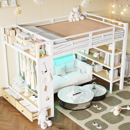 okwish Hochbett Kinder 140x200 cm mit Lochwand und LED-Beleuchtung Doppelbett mit offenem Schrank, Schubladen und Regal, Metall, Weiß, ohne Matratze