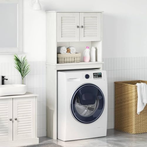 Holekex VIGO - Mobile per lavatrice in legno di pino massiccio, bianco anticato, con 2 ripiani e ante, 72,5 x 27 x 161 cm, per lavabo e mobili da bagno