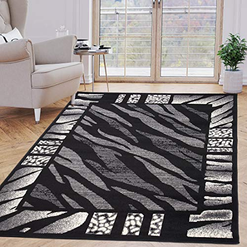 Carpeto Teppich Wohnzimmer 80x150cm Schwarz Anthrazit Tiger 90er-Retro | Teppich für Schlafzimmer Esszimmer Büro Weich Pflegeleicht Fußbodenheizungsgeeignet Reinigungsmittelbeständig Kurzflor