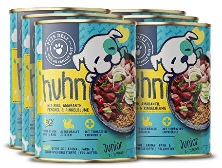 Pets Deli Nassfutter für Junghunde mit Huhn, Rind, Amaranth, Fenchel & Ringelblume ohne Zucker und Gluten 6 x 400g
