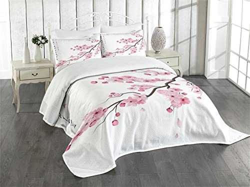 ABAKUHAUS asiatisch Tagesdecke Set, Japanischer Kirschzweig, Set mit Kissenbezug Feste Farben, für Einzelbetten 170 x 220 cm, Weiß und Rosa