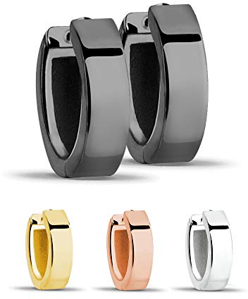Treuheld® | Klassische, eckige Creolen/Ohrringe | 925 Sterling Silber | 4mm x 13mm | Schwarz | Klappcreolen für Damen und Herren | Set Paar