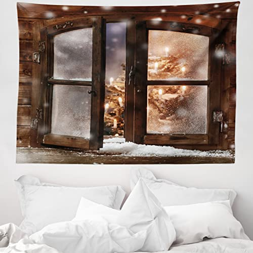 ABAKUHAUS Winter Wandteppich und Tagesdecke, Weihnachtsbaum in der Kabine, aus Weiches Mikrofaser Stoff Klare Farben ohne verblassen Druck, 150 x 110 cm,Braun weiß