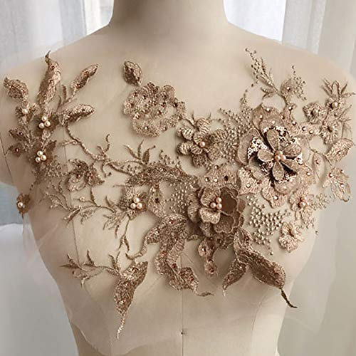 QLING 3D Stickerei Perlen Spitze Applikation Blumen Strass Tüll Besatz Besetzter Stoff für DIY Ausschnitt Hochzeit Brautkleid Kleidung Stickerei Dekoration, nicht null, gold, Free Size