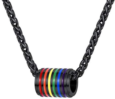 Suplight Homosexuell Kette LGBT Gay & Lesbian Pride Regenbogen Streifen Anhänger mit 55cm Weizenkette schwarz Edelstahl Schwul Modeschmuck für Männer Frauen