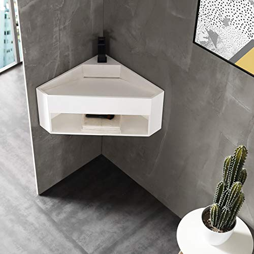BERNSTEIN - Vasque Lavabo d'Angle suspendu Blanc mat 50x50x28cm Fonte minérale Lave main mural + Ecoulement central - Design, Robuste & Durable - TWG70
