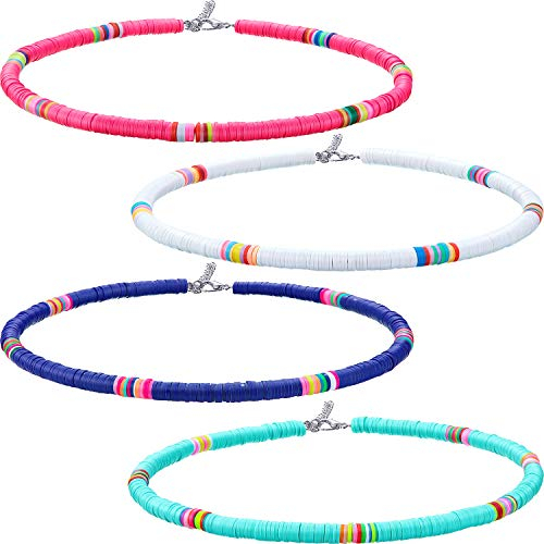 HICARER 4 Stück Heishi Surfer Halskette für Damen Heishi Perlen Halskette Boho Bohemian Perlen Choker Vinyl Perlen Halskette für Frauen