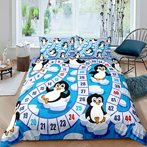 Loussiesd Kinder Pinguin Bettwäsche 135x200 cm Karikatur Antarktis Tiere Bettbezug Set Jungen Mädchen Süße Pinguin Spiel Drucken Bettwäsche Set Bettbezug, Raumdekor Blau 2 Stücke