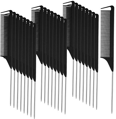 Patelai 30 Pcs Rat Tail Steel Combs Fine Tooth Bulk,Black, Silver