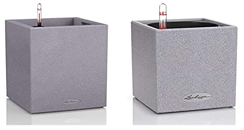 Lechuza Canto Stone Low 30, Hochwertiger Kunststoff, Inkl. Bewässerungssystem, Herausnehmbarer Pflanzeinsatz & Canto Stone 14 hochwertiger Kräuterwürfel mit Stick-Bewässerungssystem, steingrau
