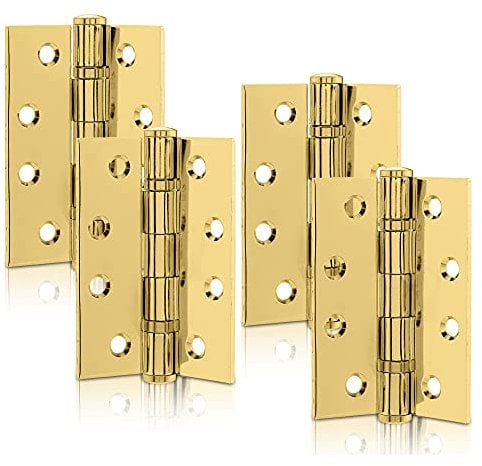 XFORT 4 Inch (100mm) Polished Brass Ball Bearing Hinges, Steel Door Hinge for Wooden Doors (2 Pairs)